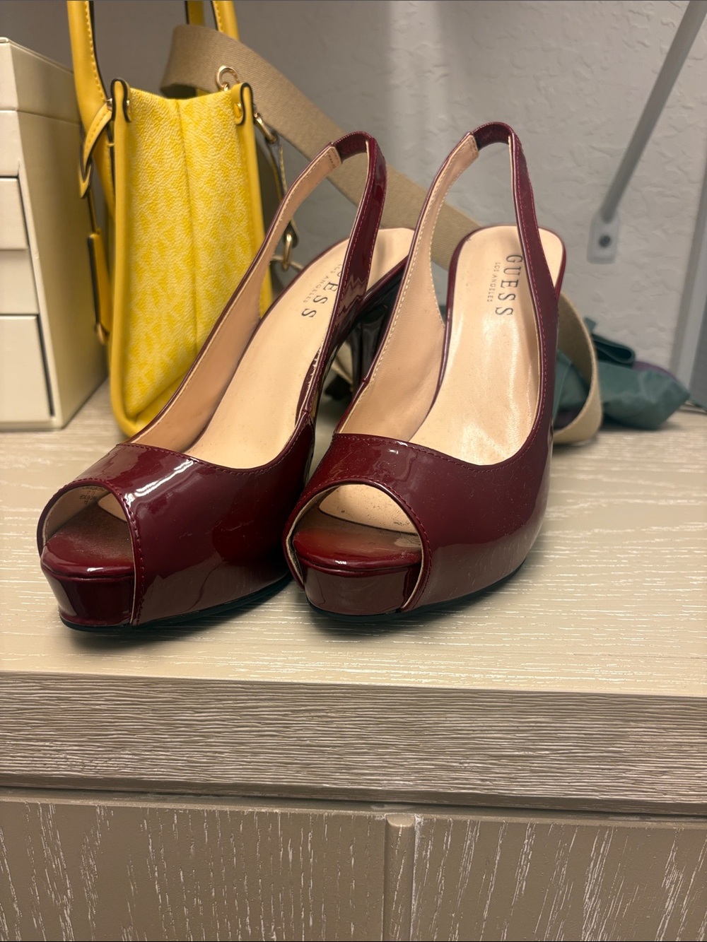 Guess Burgundy Patent Peep-Toe Slingback Heels